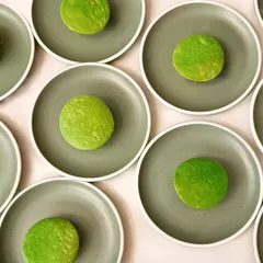 A vibrant green dish served on a muted grey plate, another creation inspired by the color palette of Annie Morris's sculptures. The composition is minimalist, allowing the color to be the hero.