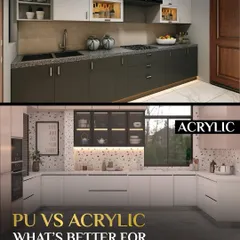 PU versus Acrylic, what is better for your kitchen? This image compares a matte grey PU finish with a high-gloss white acrylic finish. Both offer a flawless look, but one might be better for your specific needs in terms of style, durability, and ease of maintenance.