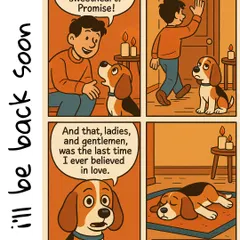The three stages of betrayal when you leave the house: hope, denial, and emotional damage. This comic is painfully relatable for any dog parent.