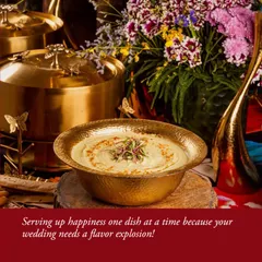 Serving up happiness one dish at a time. This rich and creamy dal, presented in a hammered brass bowl and garnished with microgreens, elevates a humble staple into a dish worthy of a wedding feast.