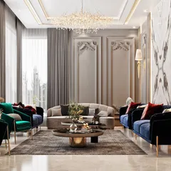 Another angle of the luxurious living room, showing the full seating arrangement with multiple sofas and armchairs, perfect for entertaining guests in a sophisticated setting.