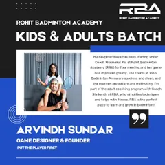 A testimonial from Arvinh Sundar, who trains in our adult batch while his daughter trains in the kids' batch. He appreciates our patient coaches and clean, spacious courts.