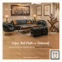 I designed this living room to be a complete expression of classic comfort. It features my leather pleated sofa and armchairs, tufted poufs, and a versatile bar trolley, all working together to create a space that is both grand and inviting.