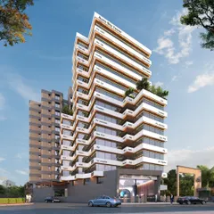 A daytime render of the AURA Sky Tower, emphasizing the texture and interplay of materials on its facade. The design balances glass, concrete, and wood-look panels to create a modern and sophisticated commercial exterior.