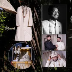 An album-style page for the groom-to-be, showcasing his wedding attire and candid moments of him getting ready with assistance.