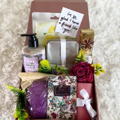 We assembled this pamper-themed birthday hamper for a dear friend. It includes "Love Beauty and Planet" lotion, a face mask, a floral birthday card, a personal note, and other relaxing treats to make her feel special.