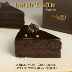 Our Dutch Truffle Pastry is a classic for a reason. It features layers of rich, moist chocolate sponge held together with silky, smooth chocolate truffle ganache for an elegant and satisfying treat.