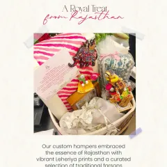 For a royal Rajasthan wedding, our custom hampers can embrace the local culture with vibrant Leheriya prints and a curated selection of traditional farsans.