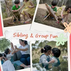This collage is all about sibling and group fun, showing kids playing, painting, and sharing sweet moments together.