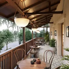 We designed this serene veranda to be a bridge between the café's interior and the natural world outside. The combination of warm wood, patterned tiles, and soft lighting creates a tranquil setting for guests to relax and enjoy the view.