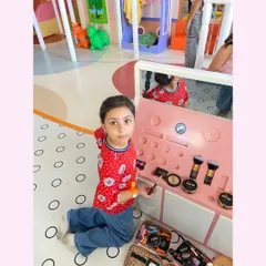 A future makeup artist at work. Our pretend vanity is fully stocked with toy brushes, compacts, and more.