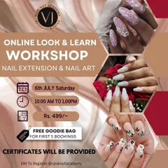 Our online "Look & Learn" workshop is perfect for those who can't join us in person. This poster details our session on nail extensions and art, complete with certification.