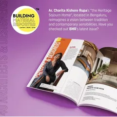 A promotional graphic from Building Material Reporter highlighting our feature in their "40 Inspiring Architects & Designers" issue. The magazine recognized our "Heritage Sojourn Home" for its vision blending tradition and contemporary sensibilities.
