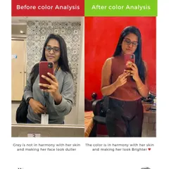 A picture is worth a thousand words. On the left, a color that isn't in harmony with her skin. On the right, after her color analysis, she's wearing a shade from her personal palette that makes her look brighter and more confident. This is the power of knowing your colors.