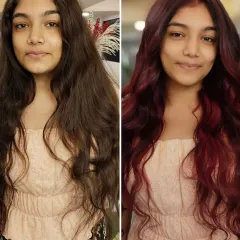 A bold before and after that showcases the power of a vibrant hair color. This transformation to a stunning red is for anyone ready to make a statement and turn heads.