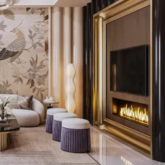Here, the visualization demonstrates the integration of technology and luxury, with a fireplace and television set within a dramatic frame of gold and fluted black panels. The lighting simulation captures the warm glow of the fire.
