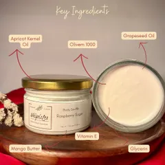 A look at the key ingredients in our Body Soufflé, including Mango Butter, Apricot Kernel Oil, Grapeseed Oil, and Olivem 1000, a natural emulsifier.