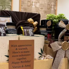 "With appreciation & warmth, here's to many more milestones together." A personalized note adds a heartfelt touch to this sophisticated birthday hamper for him.
