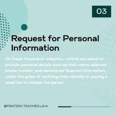 This slide details how fraudulent websites request personal and financial information under the guise of identity verification or paying a fee. This is a critical step where scammers collect the data needed for identity theft.