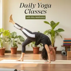 My daily online yoga classes are available wherever you are. This image, showing me in a dynamic pose, represents the strength and flexibility you can build with a consistent practice. I offer both live and recorded sessions to fit your schedule.
