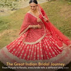 We are embarking on The Great Indian Bridal Journey, showcasing the rich diversity of wedding attire across the country. This stunning red lehenga captures the timeless essence of a Punjabi bride.