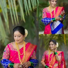 A beautiful collage of a Maharashtrian bride in a bright pink and blue Nauvari saree, capturing her elegance and joy.