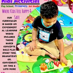 Here, a child is deeply engaged with a shape-sorting toy on a colorful playmat. Our curriculum is based on experimental learning, including theme-based concepts and role-play, to ensure kids feel happy and safe while they learn.