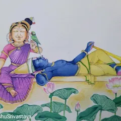 A serene miniature capturing the divine couple, Andal and Rangamannar. This watercolor piece reflects the gentle intimacy and devotion central to Vaishnava traditions, showing the Lord resting in the lap of his beloved devotee in a lotus pond.