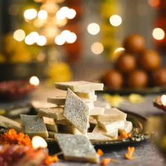 A festive shot of Kaju Katli, with the bokeh from Diwali lights creating a magical background. The composition draws the eye to the stack of sweets in the foreground.