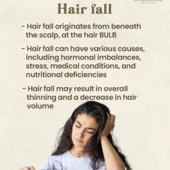 Hair fall, or telogen effluvium, originates from beneath the scalp at the hair bulb. This type of hair loss is systemic and can be triggered by internal factors such as stress, hormonal shifts, medical conditions, or nutritional deficiencies.