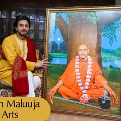 A portrait of a revered Swami, painted with a garland of flowers. This piece was commissioned for the Shri Mohan Jagdishwar Ashram and is a tribute to his spiritual legacy.