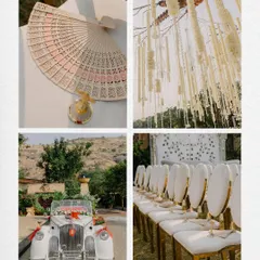 A collage of wedding details: a custom-printed fan, a vintage car for the baraat, elegant seating, and beautiful floral hangings.
