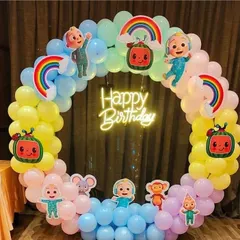 A full Cocomelon-themed balloon ring for a kid's birthday party. I use character cutouts and a bright, happy color palette to bring the theme to life.