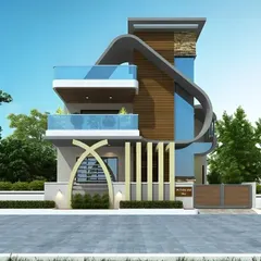 We love creating bold architectural statements. This design features a sweeping, curved facade that wraps around the upper floor, contrasted with natural wood and stone textures. The glass railings on the dual balconies ensure unobstructed views and a feeling of openness.