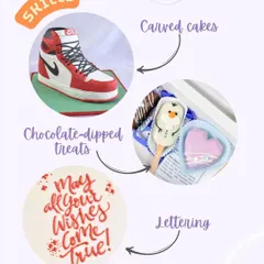 This graphic highlights some of our key skills: creating carved 3D cakes, intricate lettering on cakes, and a variety of chocolate-dipped treats like cakesicles.