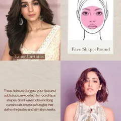For a round face shape, the goal is to elongate and add structure. Short wavy bobs and long curtain bangs are excellent choices as they create soft angles that help define the jawline and slim the cheeks.