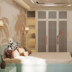 A wider view of the bedroom, showing the custom wardrobe with its intricate geometric pattern and the warm glow from the integrated lighting.