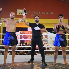 Edukondal Rao gets his hand raised after a hard fought unanimous decision victory at THAI Battle 2023. A testament to his superior conditioning and technique.