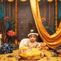 Another beautiful portrait from our Krishna-themed shoot, with the baby dressed in yellow silk. We pay close attention to detail to create an authentic and festive look.