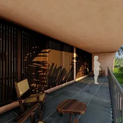 A render of the upper-floor balcony, enclosed by vertical wooden louvers. This design element provides privacy and shade while allowing for natural ventilation and creating beautiful patterns of light and shadow throughout the day.