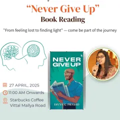 The promotional graphic for Divya G Prasad's "Never Give Up" book reading, using gentle visuals to reflect the book's themes of healing and hope.