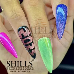 A vibrant set of stiletto nails showcasing different colors and effects, including cat eye, chrome, and solid brights.