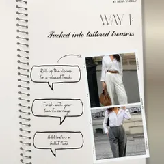 Here is the first way to style a classic white shirt: tucked into tailored trousers. This creates a clean, sharp, and instantly polished look. Finish with loafers or ballet flats for an outfit that means business.