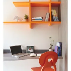 I am on a mission to make study time fun. I designed this study area with a colorful orange bookshelf and matching chair to create an energetic and inspiring space for work or homework.