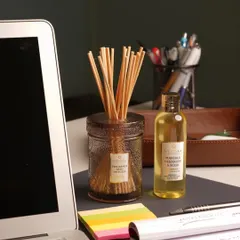 A hectic work week calls for a moment of calm. Our reed diffusers provide a constant, subtle fragrance for your workspace, helping to soothe the senses and maintain composure. Featured here is our Marsala Geranium & Musk fragrance.