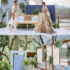 A collage from a beautiful Mehndi by the water. The decor featured a palette of serene blues and whites, with modern arched backdrops, natural wood furniture, and lush green and white floral arrangements.