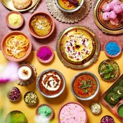 A colorful flatlay celebrating a Holi brunch. We arranged a variety of traditional dishes and sweets on a vibrant yellow and pink background, with scattered gulal and flowers to evoke the joyful and playful spirit of the festival.