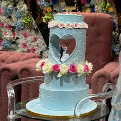 A truly special engagement deserves a cake to match. This multi-tiered masterpiece features a unique heart-shaped cutout with a couple figurine, delicate sugar flowers, and intricate pearl detailing, making it an unforgettable centerpiece for a celebration of love.