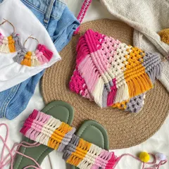 How about a full matching set? 🥰 I love creating custom combos like this pink candy set. Here I've paired one of my best selling macrame clutches with matching tassel hoop earrings and even some fun sandals. If you have a color combo in mind, I can bring it to life for you!