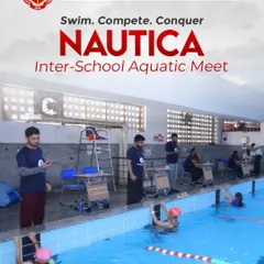 "Swim. Compete. Conquer." This poster for our 'Nautica' Inter-School Aquatic Meet encapsulates the spirit of the event. We host over 30 schools from Delhi and NCR, providing a platform for young swimmers to showcase their talent and determination.